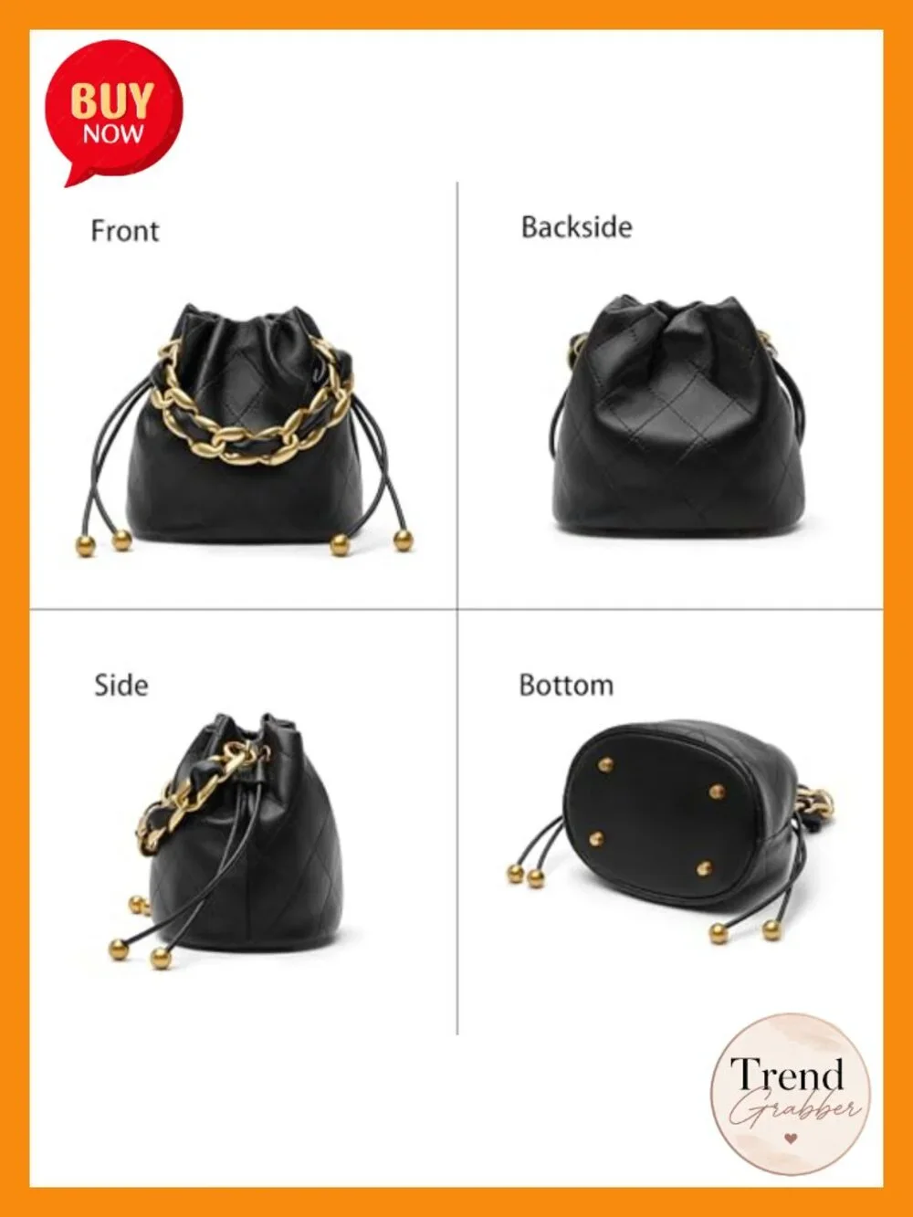 Small Lambskin Leather Drawstring Bucket Bag with Chunky Chain Strap